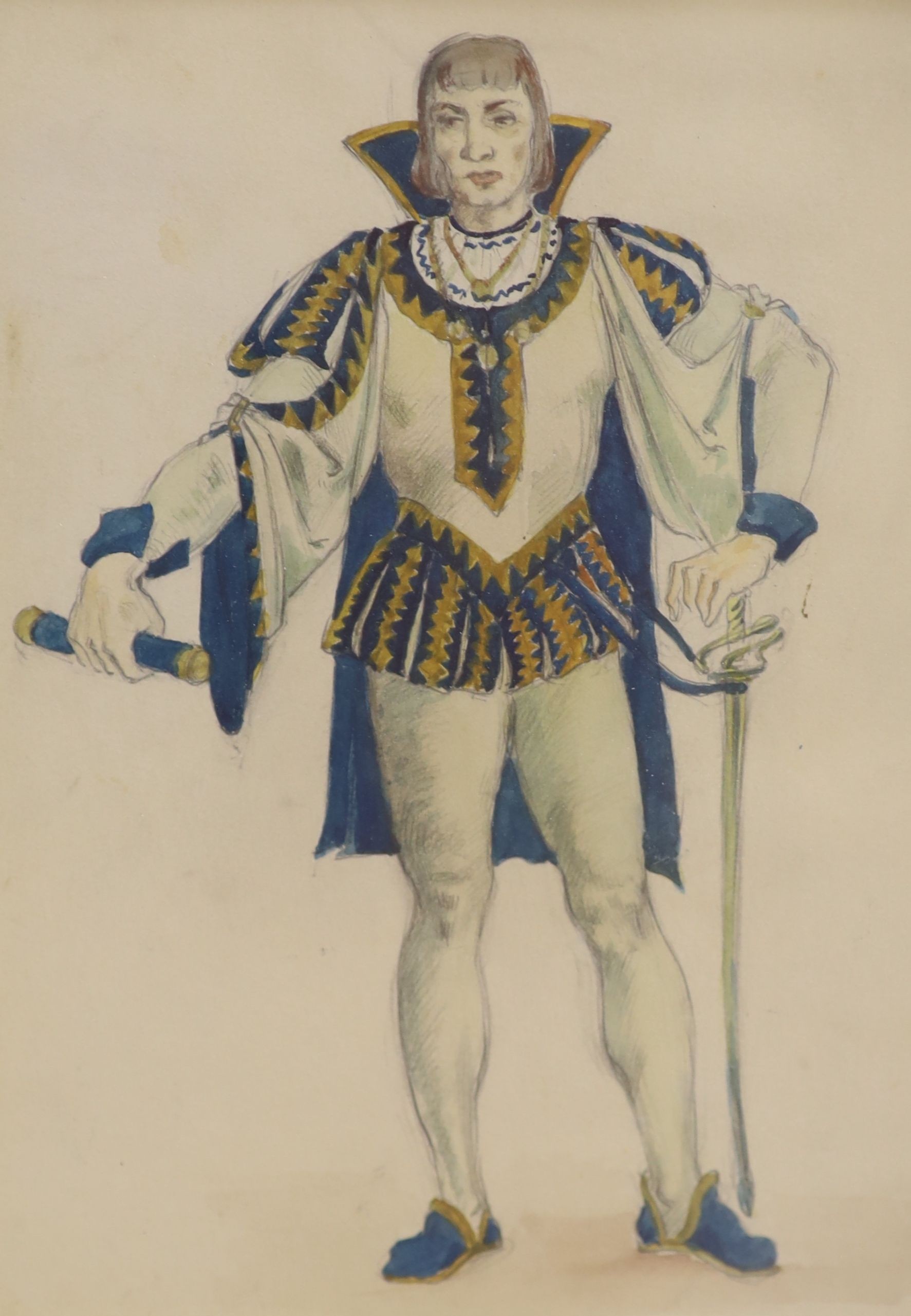 Four opera or theatre costume designs, pencil and watercolour, one indistinctly signed and dated ‘33’, largest 26 x 16.5 cm